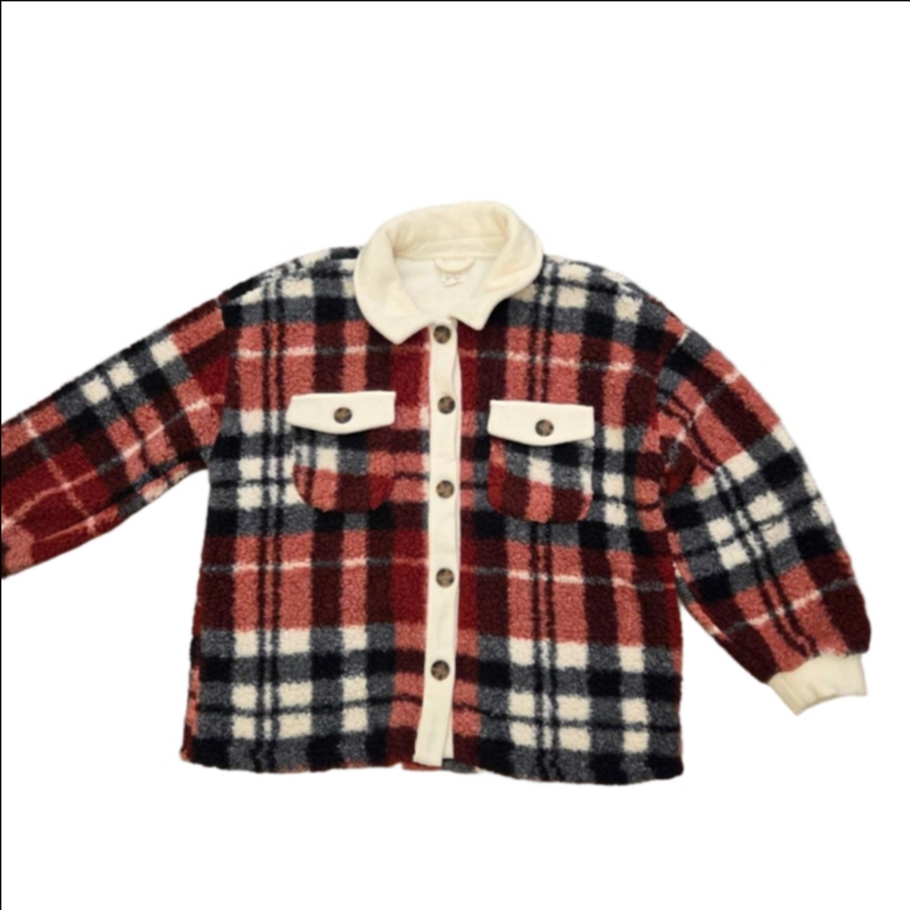 Cozie by Pink Rose Red Plaid Sherpa Shirt Jacket Size XL